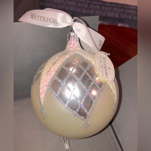 Waterford Christmas ball ornament, delicate, silver, trimmed with glitter